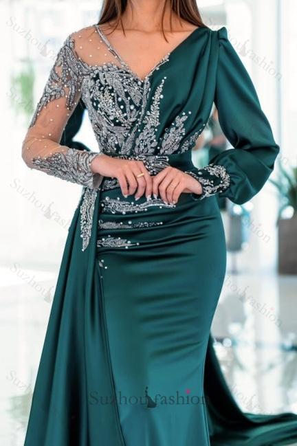 Chic V-neck long sleeves column mermaid Prom Dresses with ruffles