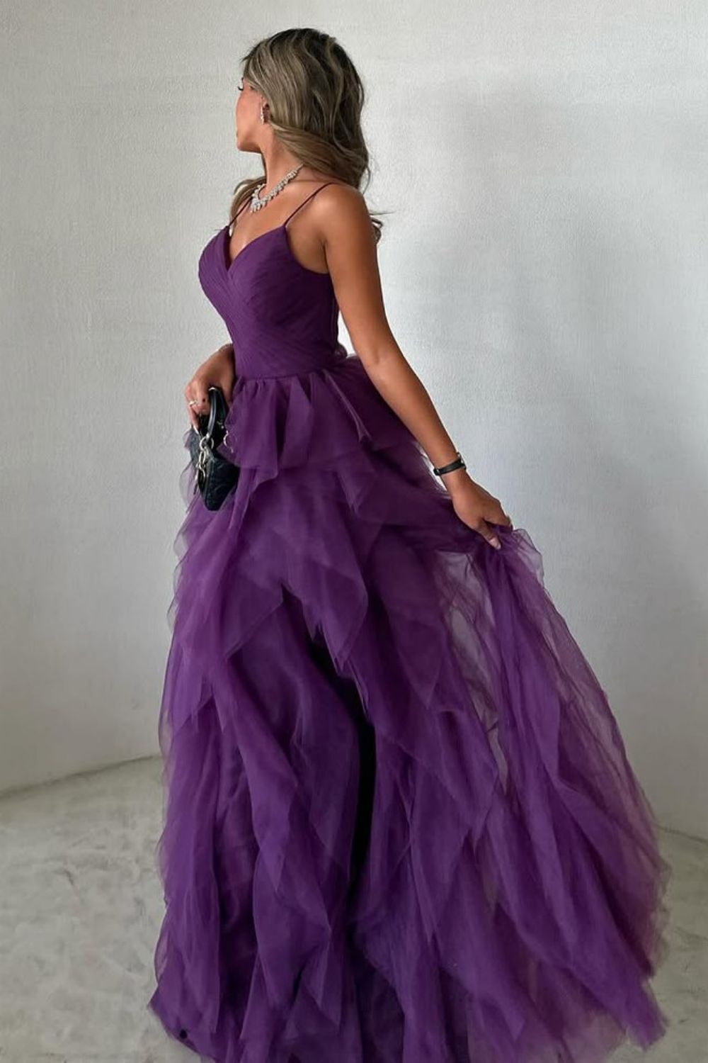Chic A-Line Purple Spaghetti Straps Backless Long Ruffle Tulle Party Dress