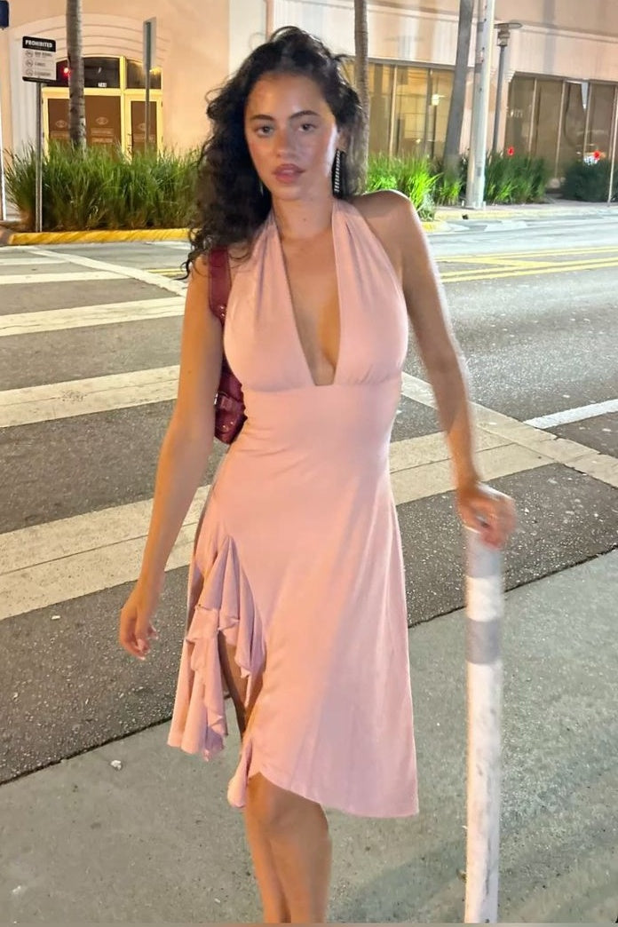 Chic A Line Halter Neck Light Pink Knee Length Party Dress with Ruffles