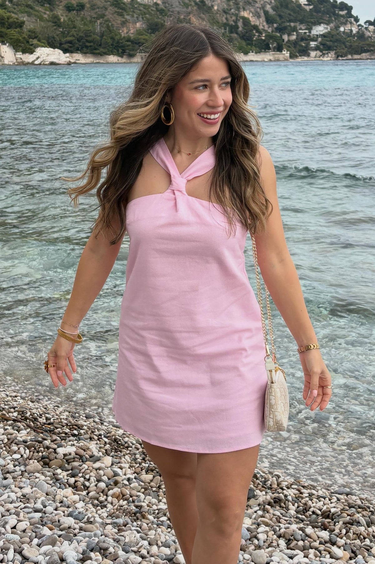 Chic A Line Halter Neck Pink Short Homecoming Dress with Open Back