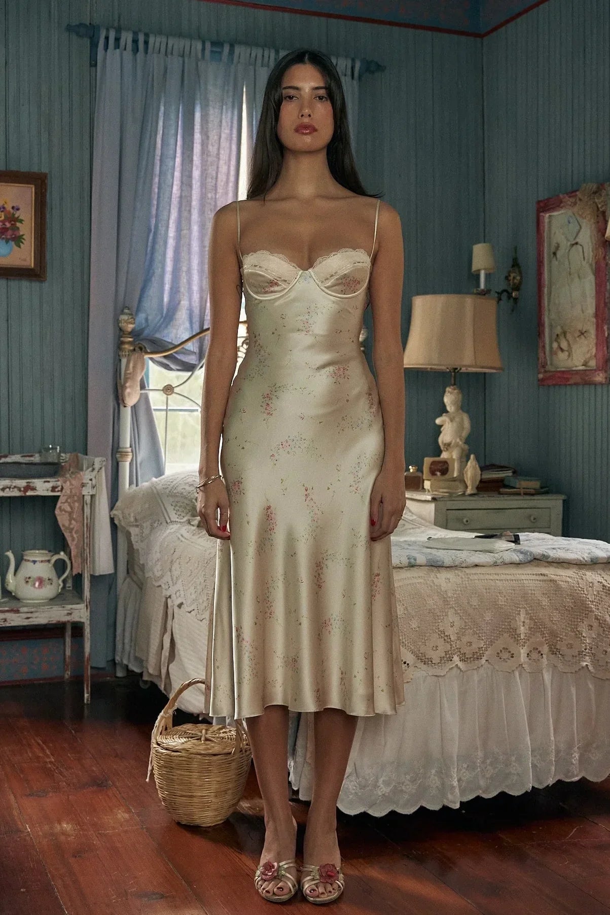 Chic A Line Spaghetti Straps Light Champagne Printed Tea Length Party Dress with Ruffles