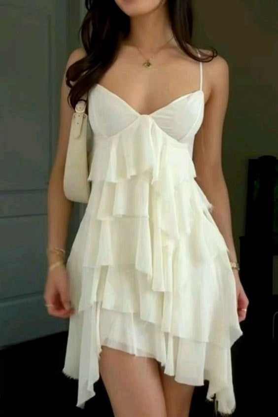 Chic A Line Spaghetti Straps Ivory Short Homecoming Dress with Ruffles