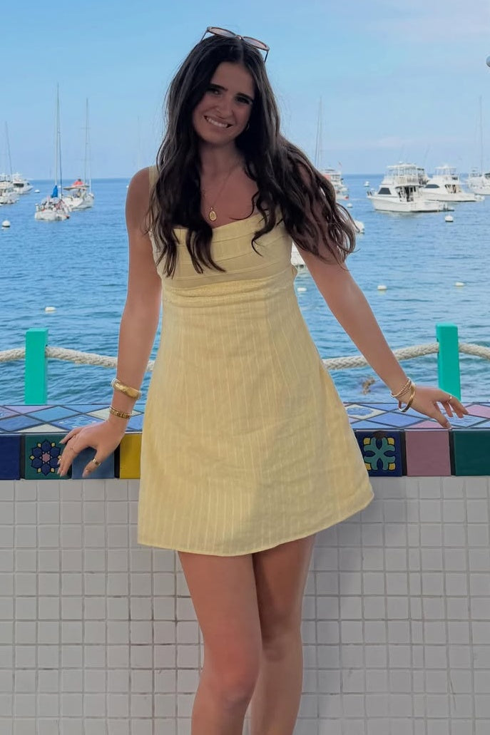 Chic A Line Square Neck Light Yellow Plaid Short Homecoming Dress