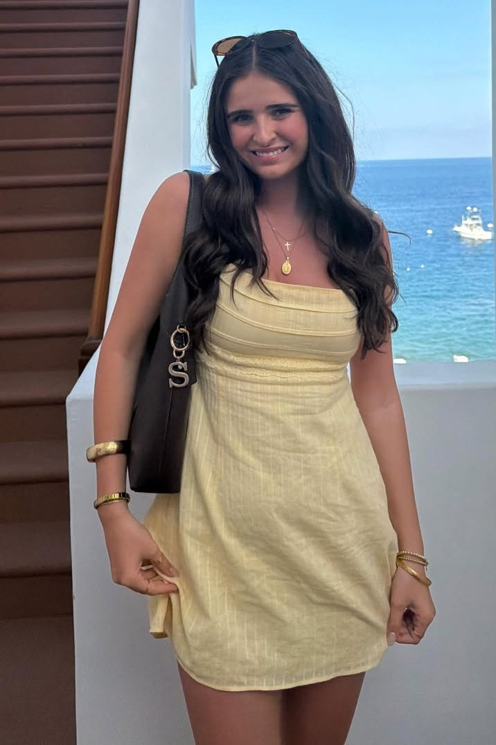 Chic A Line Square Neck Light Yellow Plaid Short Homecoming Dress