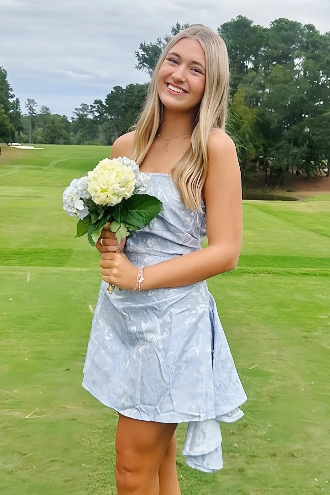 Sweet A Line Strapless Light Blue Printed Short Homecoming Dress with Ruched