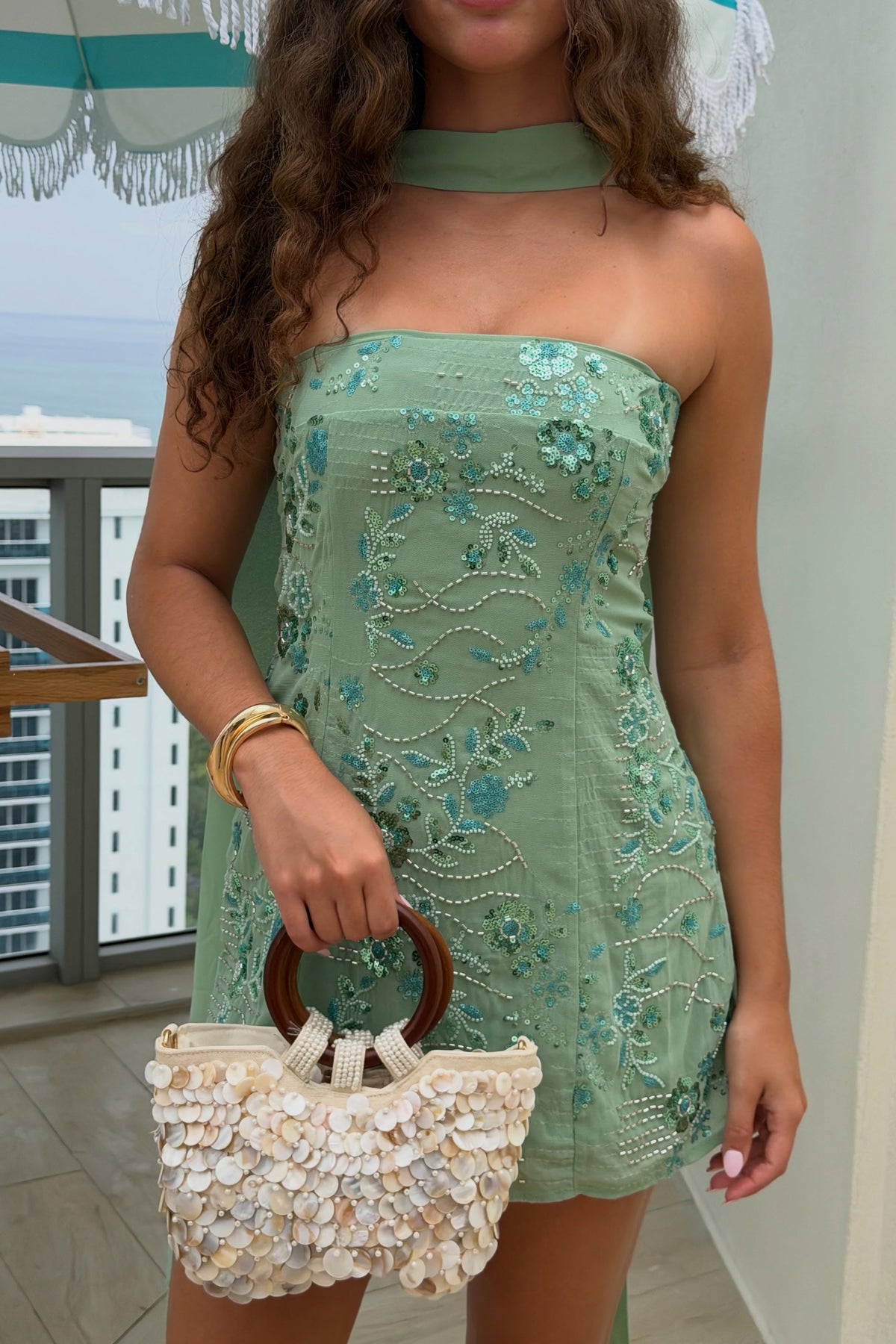 Chic A Line Strapless Light Green Short Homecoming Dress with Beading Scarf