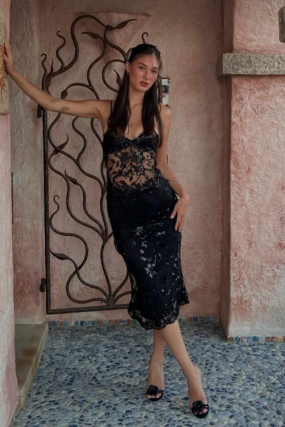 Chic Black Sheer Lace Midi Homecoming Dress with Floral Appliqu�� and Spaghetti Straps