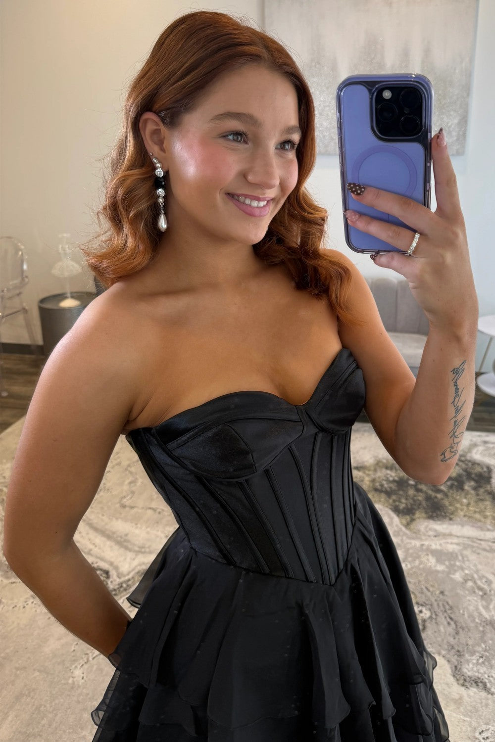 Elegant A Line Sweetheart Black Corset Prom Dress with Ruffles - View 3 | VelvetHem