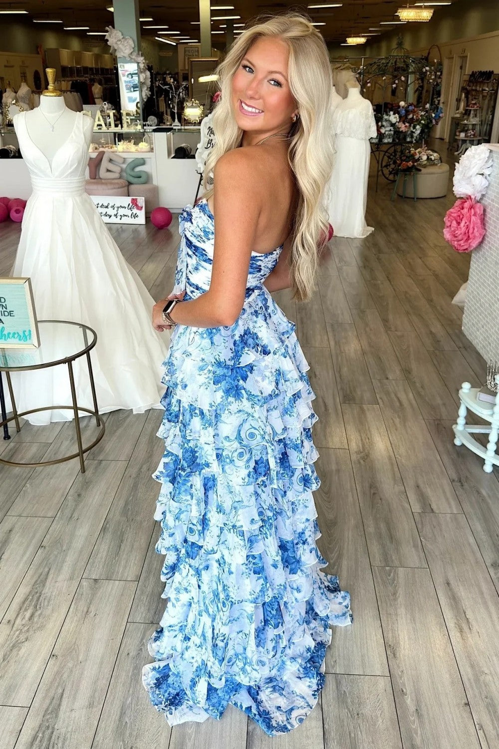 Gorgeous A Line Sweetheart Blue Floral Printed Long Prom Dress with Ruffles - View 2 | VelvetHem