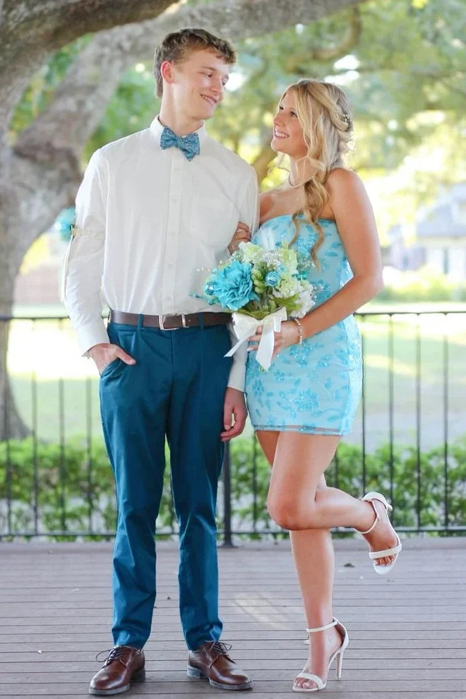 Chic Bodycon Strapless Blue Short Homecoming Dress with Embroidery