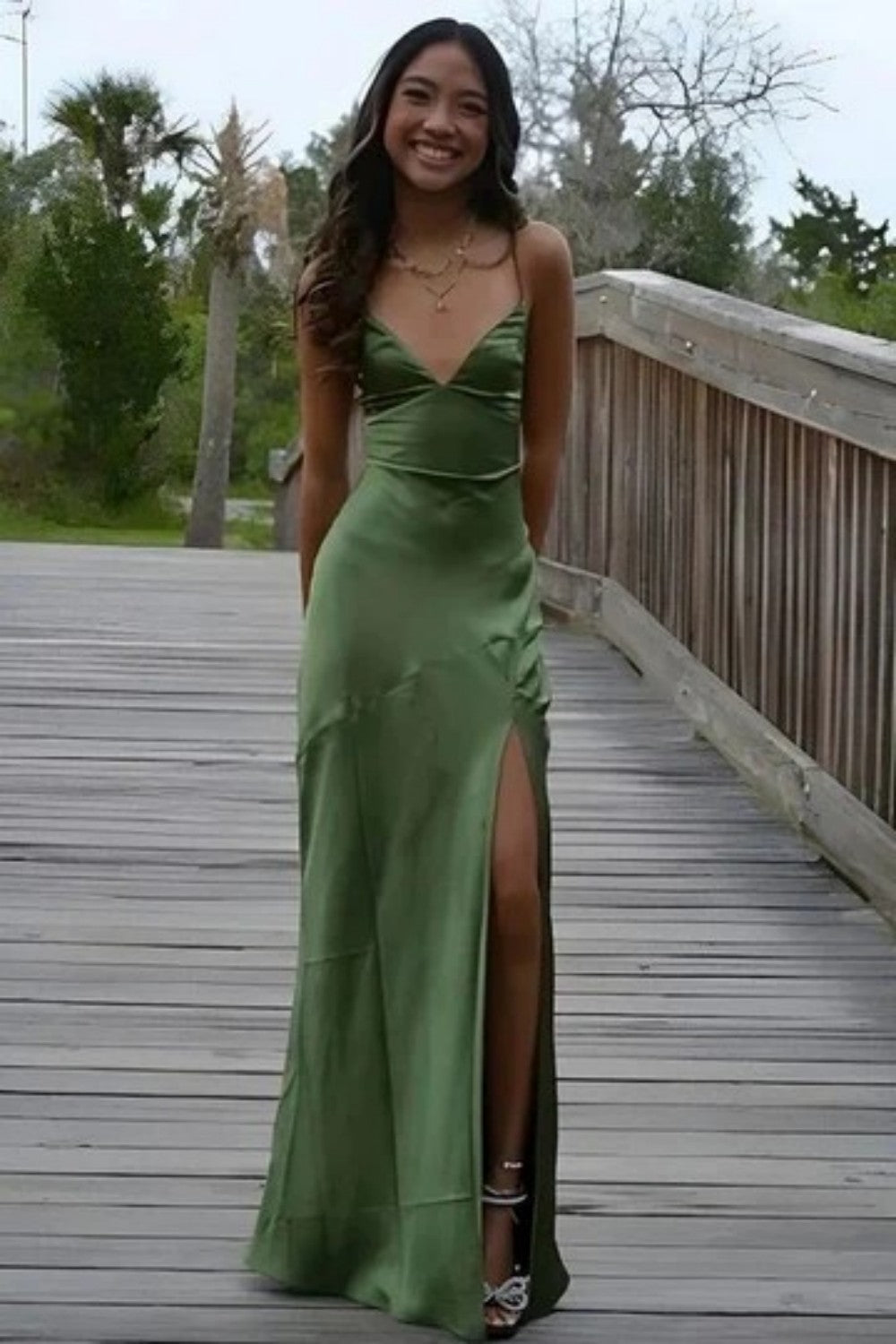 Simple Sheath Spaghetti Straps Green Long Party Dress with Split Front