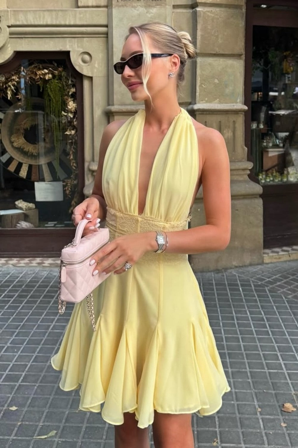 Chic Light Yellow Halter Homecoming Dress with Deep V-Neck and Flowy Skirt