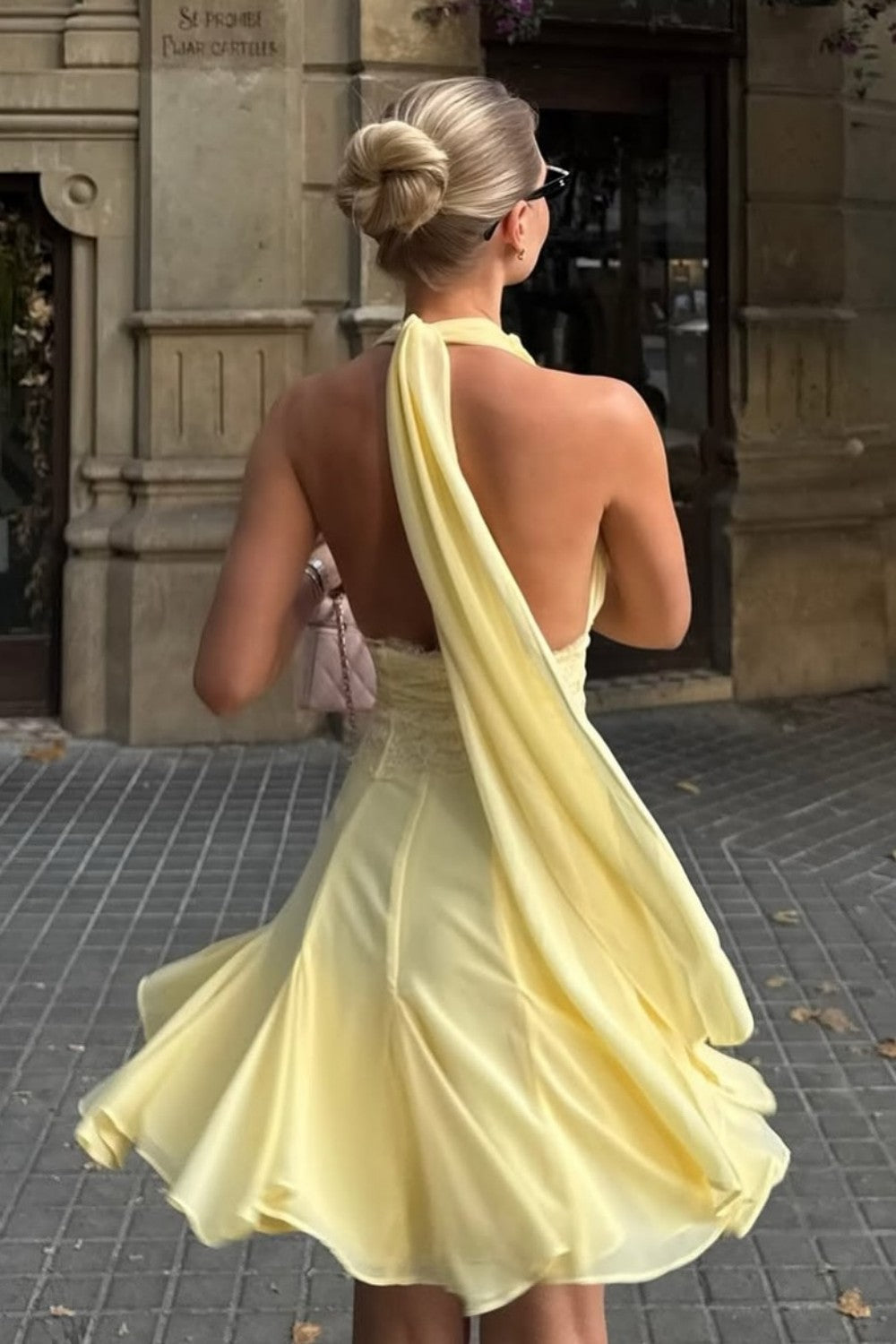 Chic Light Yellow Halter Homecoming Dress with Deep V-Neck and Flowy Skirt