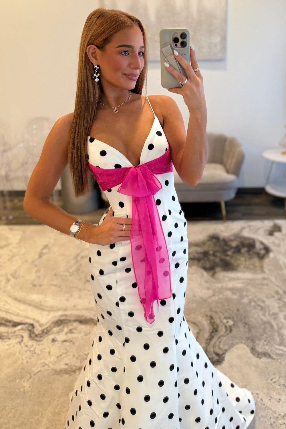 Pretty Mermaid Spaghetti Straps White Polka Dots Long Prom Dress with Bowknot