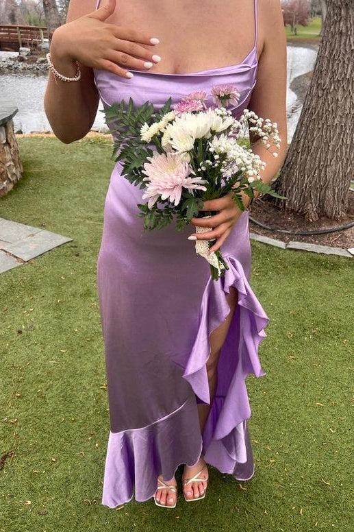 Chic Sheath Spaghetti Straps Purple Long Prom Dress with Ruffles