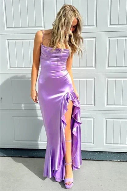 Chic Sheath Spaghetti Straps Purple Long Prom Dress with Ruffles