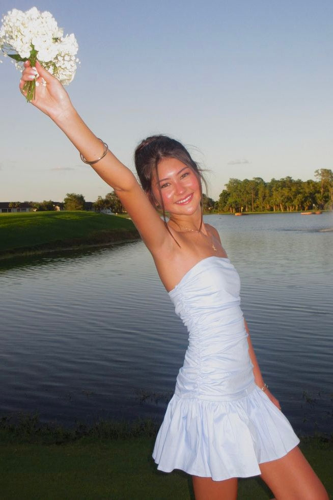 Simple Sheath Strapless Light Blue Short Homecoming Dress with Ruffles