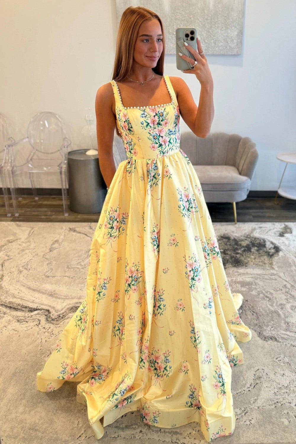 Charming A Line Square Neck Yellow Long Prom Dress with Pearls