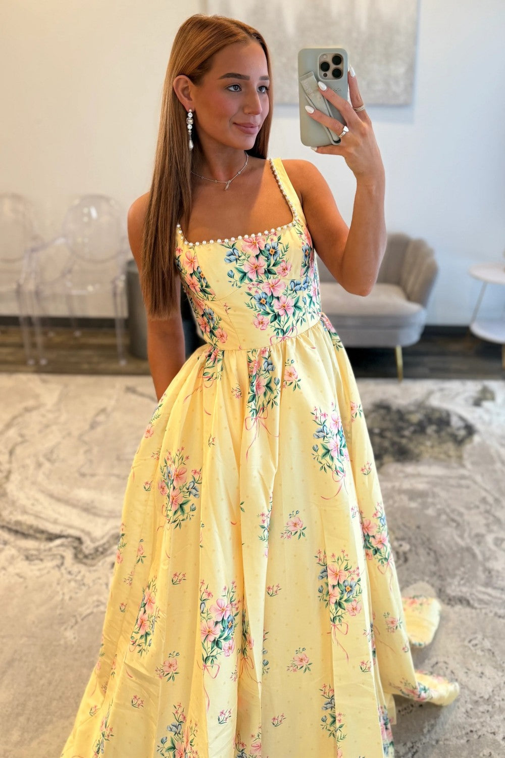 Charming A Line Square Neck Yellow Long Prom Dress with Pearls