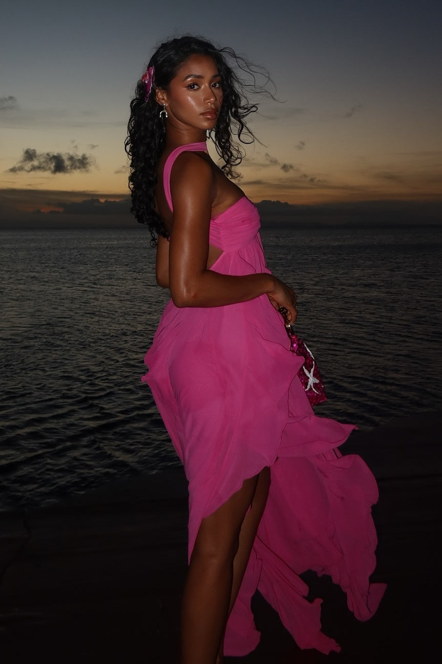 Chic A Line Halter Neck Pink Long Prom Dress with Ruffles