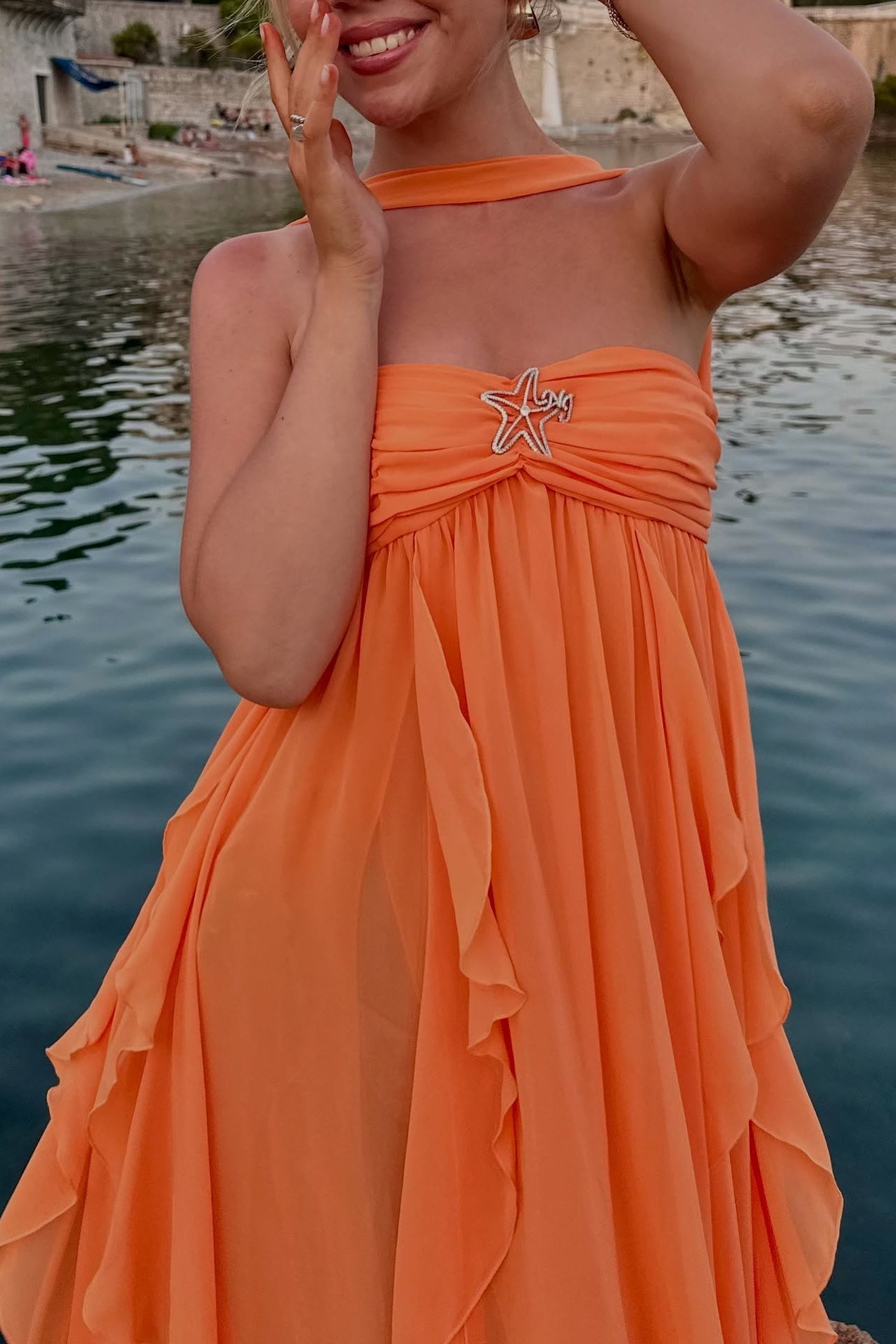 Chic A Line Halter Neck Pink Long Prom Dress with Ruffles