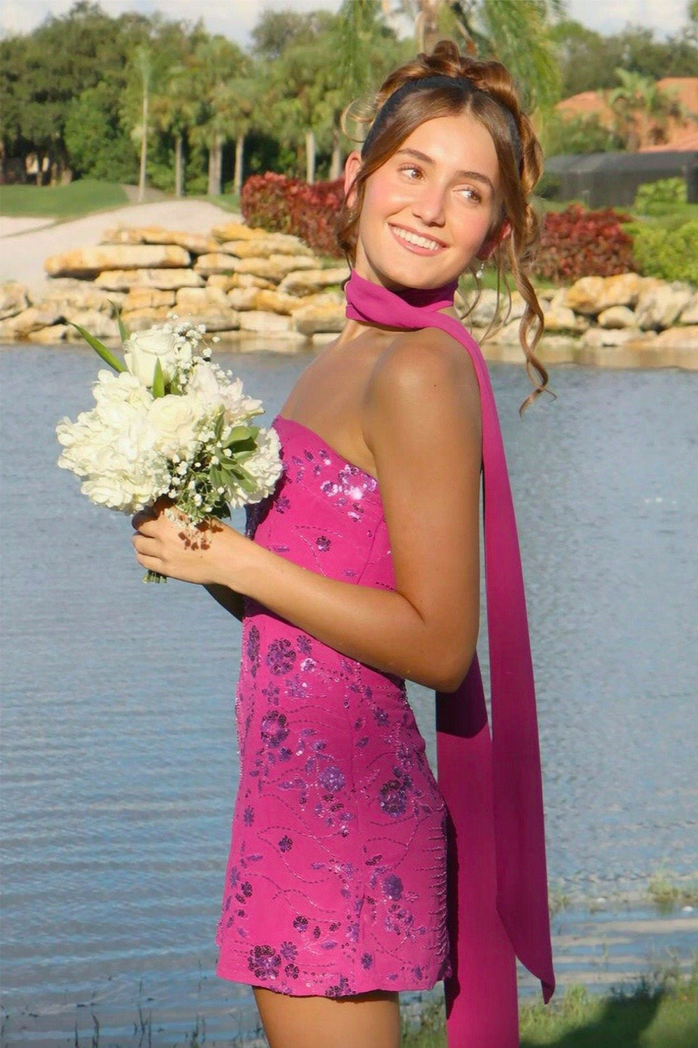 Chic A Line Strapless Light Green Short Homecoming Dress with Beading Scarf