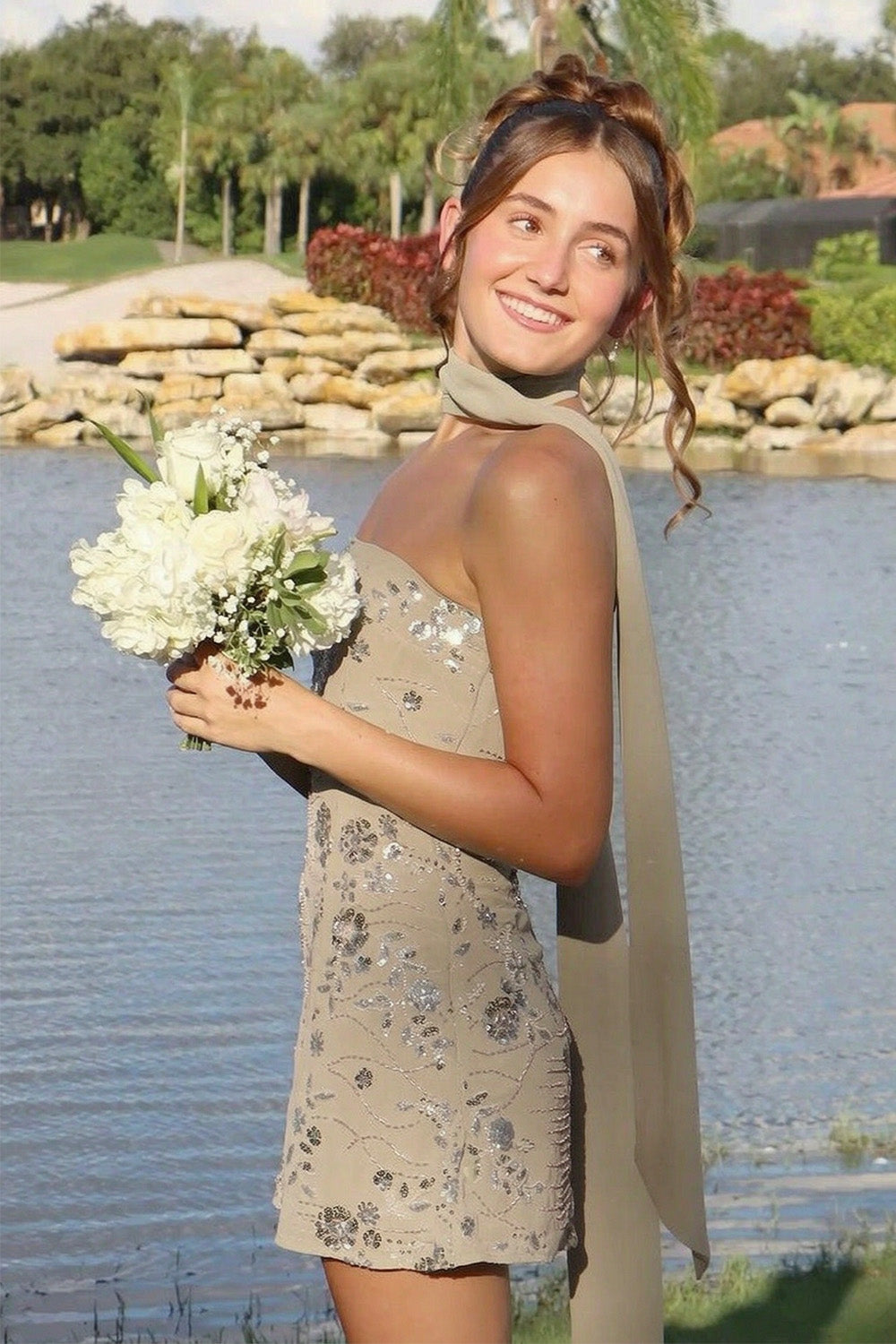 Chic A Line Strapless Light Green Short Homecoming Dress with Beading Scarf