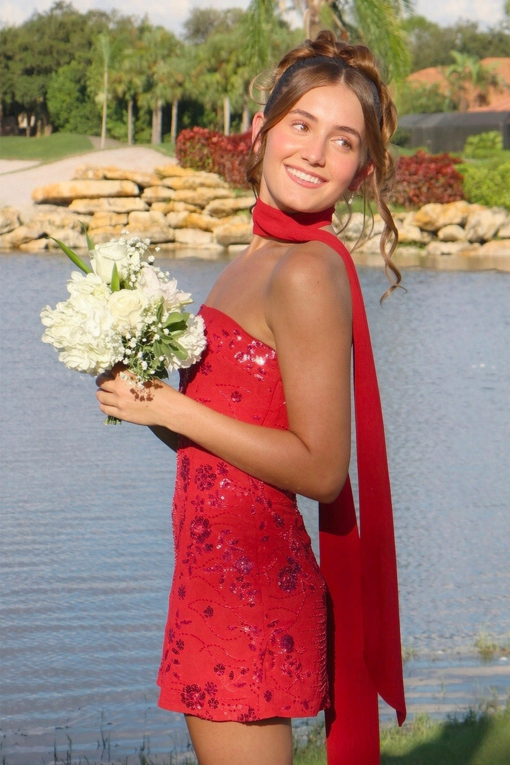Chic A Line Strapless Light Green Short Homecoming Dress with Beading Scarf