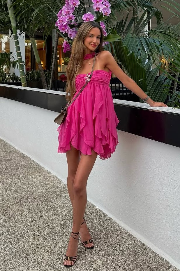 Chic A Line Sweetheart Pink Short Party Dress with Ruffles - View 13 | VelvetHem