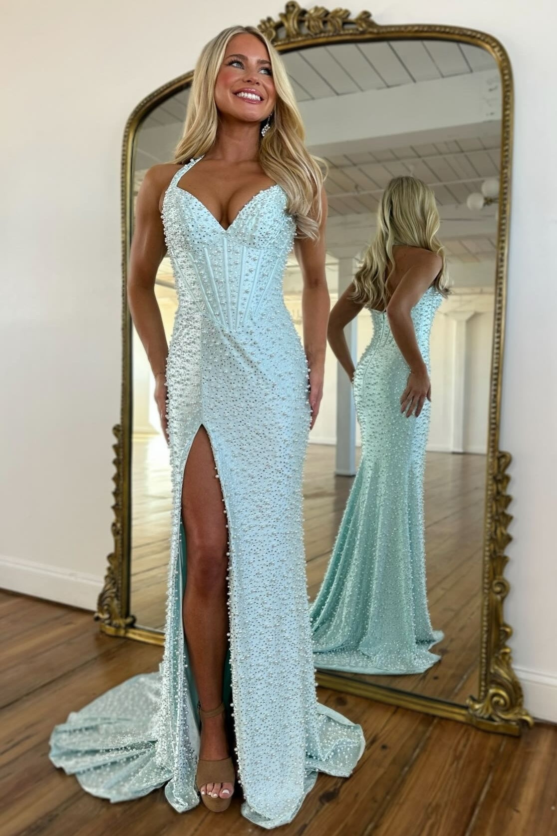 Luxury Mermaid Halter Neck Pink Corset Prom Dress with Pearls and Slit