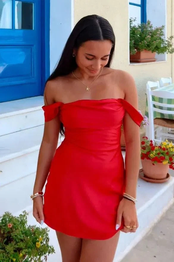 Chic Sheath Off the Shoulder Orange Satin Homecoming Dress with Ruched
