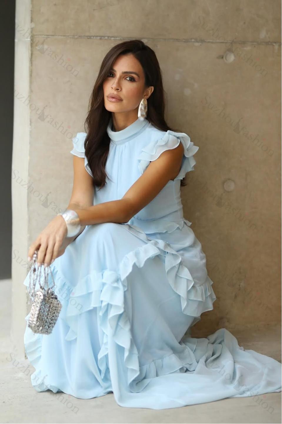 Chiffon High Neck Sleeveless Long Evening Formal Dress With Ruffled