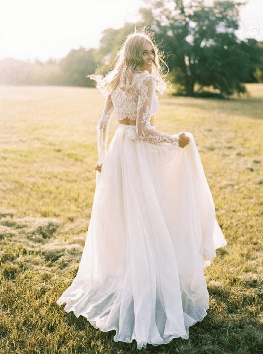 Chiffon Long-Sleeves Lace Two-Piece A-line Elegant Beach Wedding Dresses