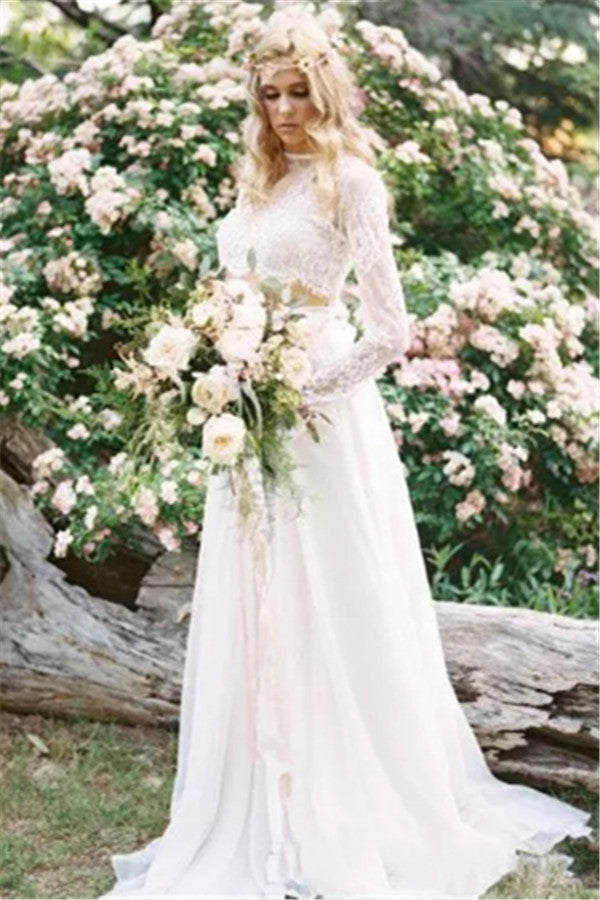 Chiffon Long-Sleeves Lace Two-Piece A-line Elegant Beach Wedding Dresses