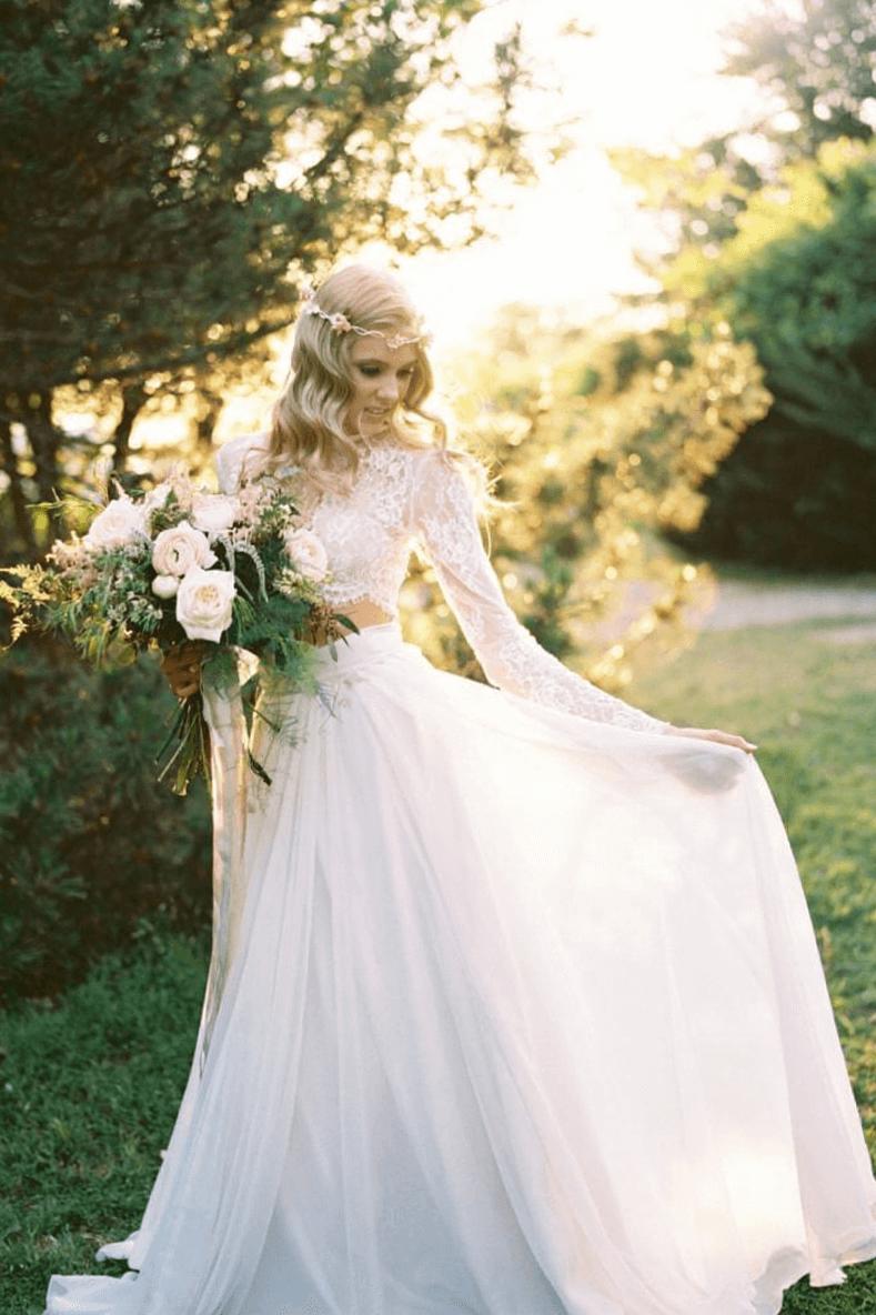 Chiffon Long-Sleeves Lace Two-Piece A-line Elegant Beach Wedding Dresses