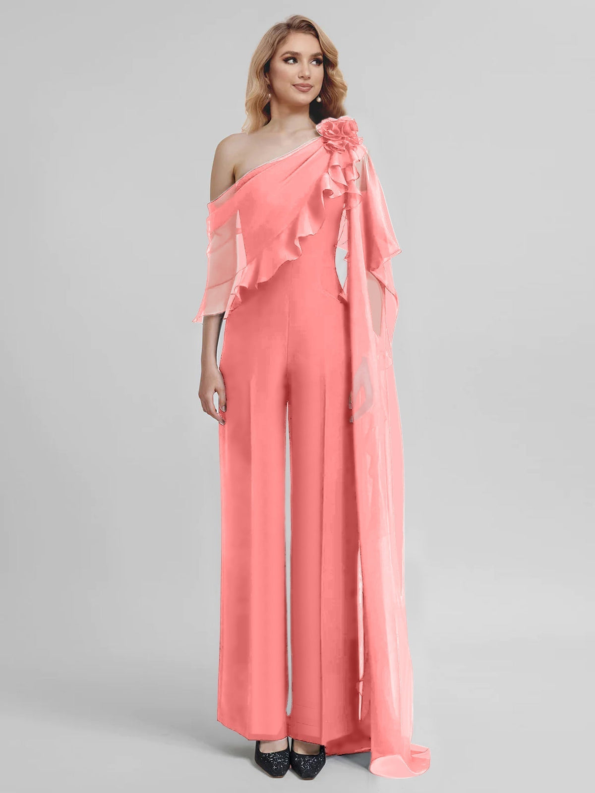 Chiffon One Shoulder Jumpsuits with Half Sleeves for the Mother of the Bride