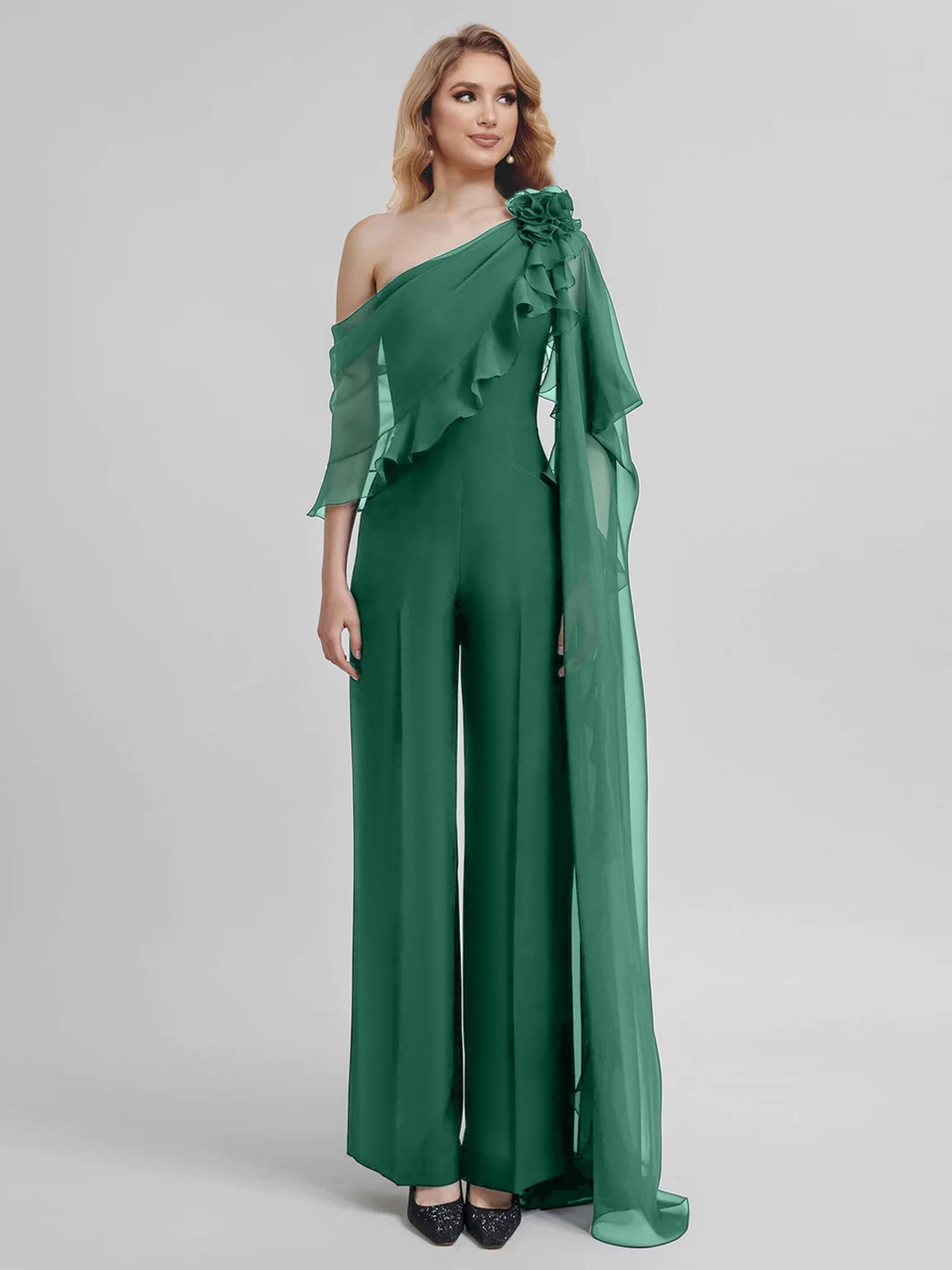 Chiffon One Shoulder Jumpsuits with Half Sleeves for the Mother of the Bride