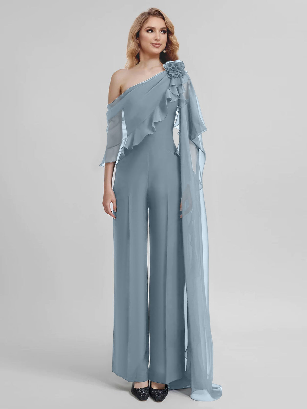 Chiffon One Shoulder Jumpsuits with Half Sleeves for the Mother of the Bride