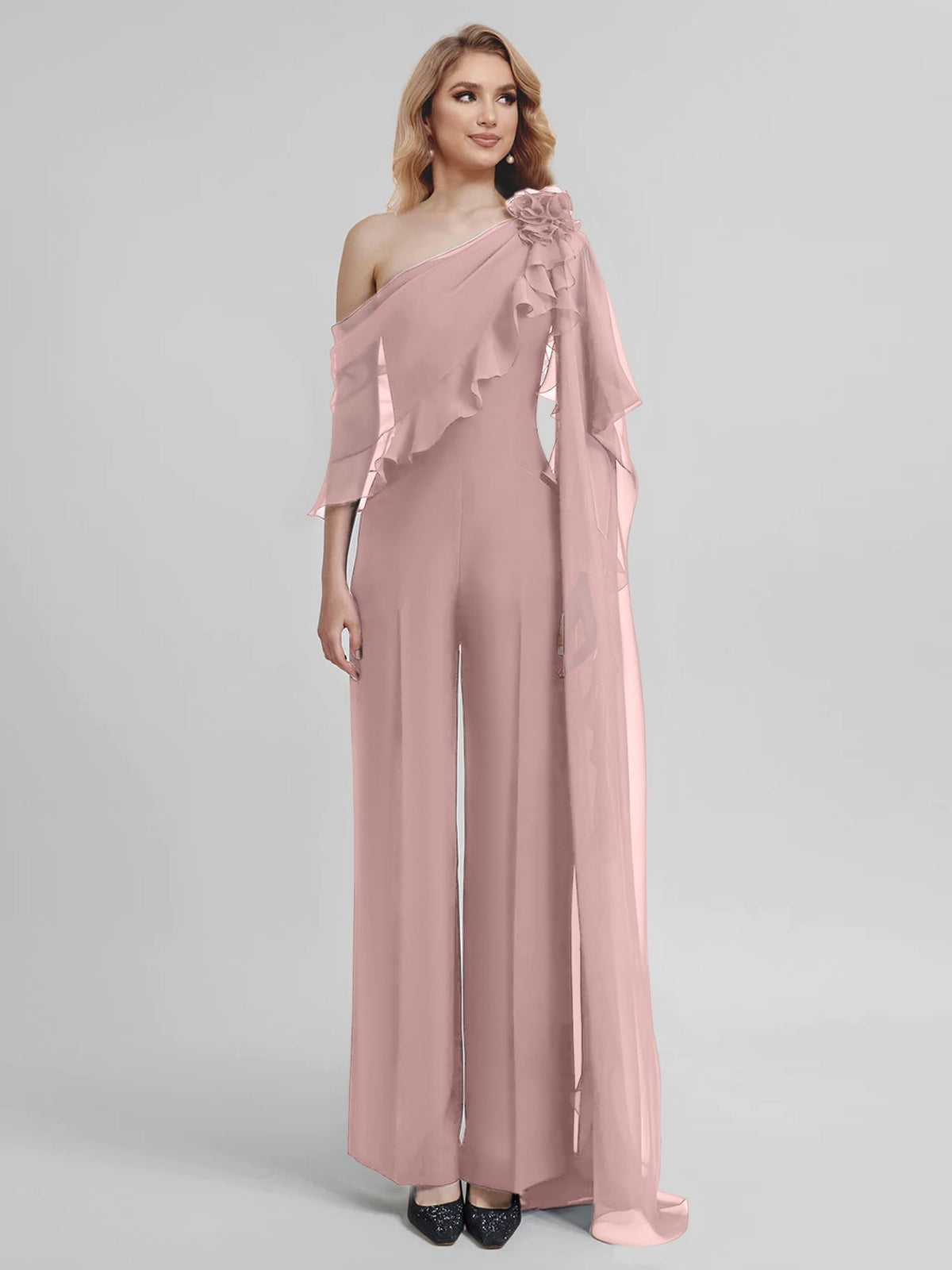 Chiffon One Shoulder Jumpsuits with Half Sleeves for the Mother of the Bride
