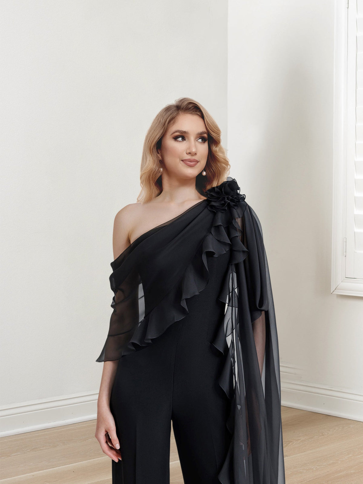 Chiffon One Shoulder Jumpsuits with Half Sleeves for the Mother of the Bride