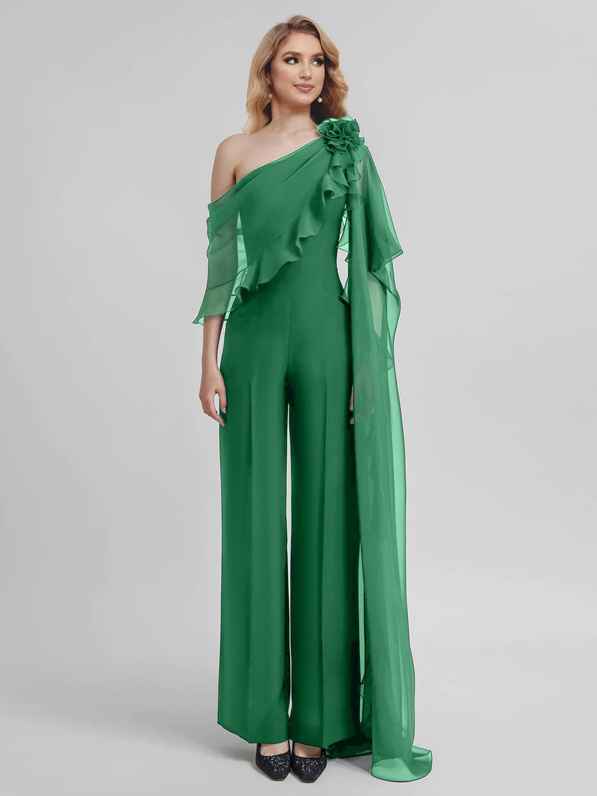 Chiffon One Shoulder Jumpsuits with Half Sleeves for the Mother of the Bride
