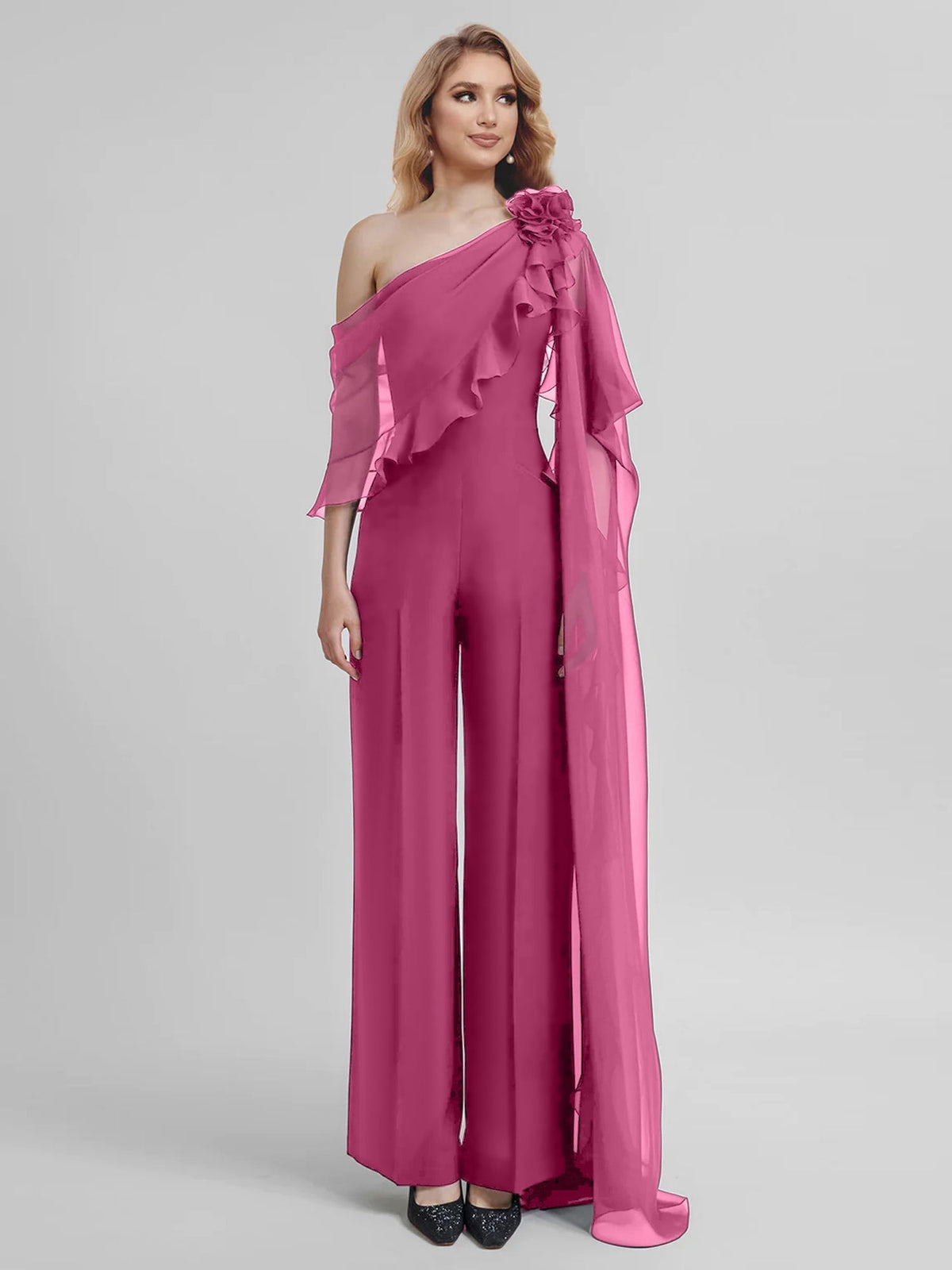Chiffon One Shoulder Jumpsuits with Half Sleeves for the Mother of the Bride