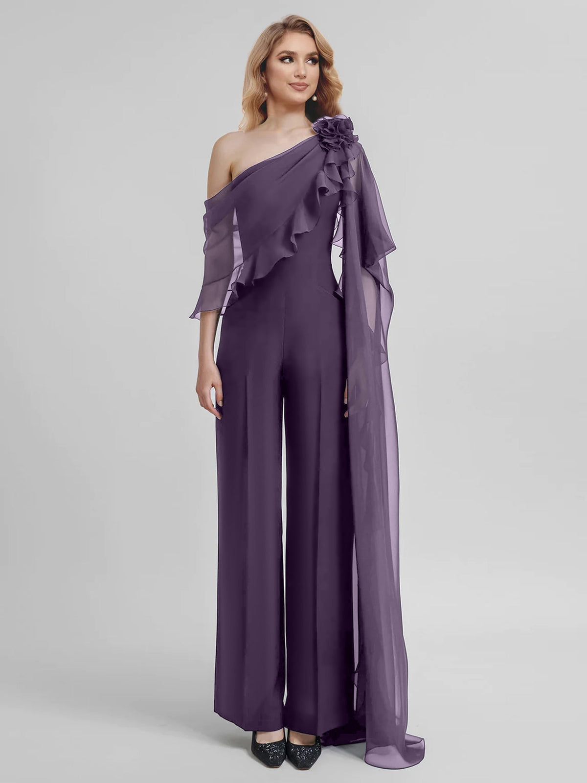 Chiffon One Shoulder Jumpsuits with Half Sleeves for the Mother of the Bride