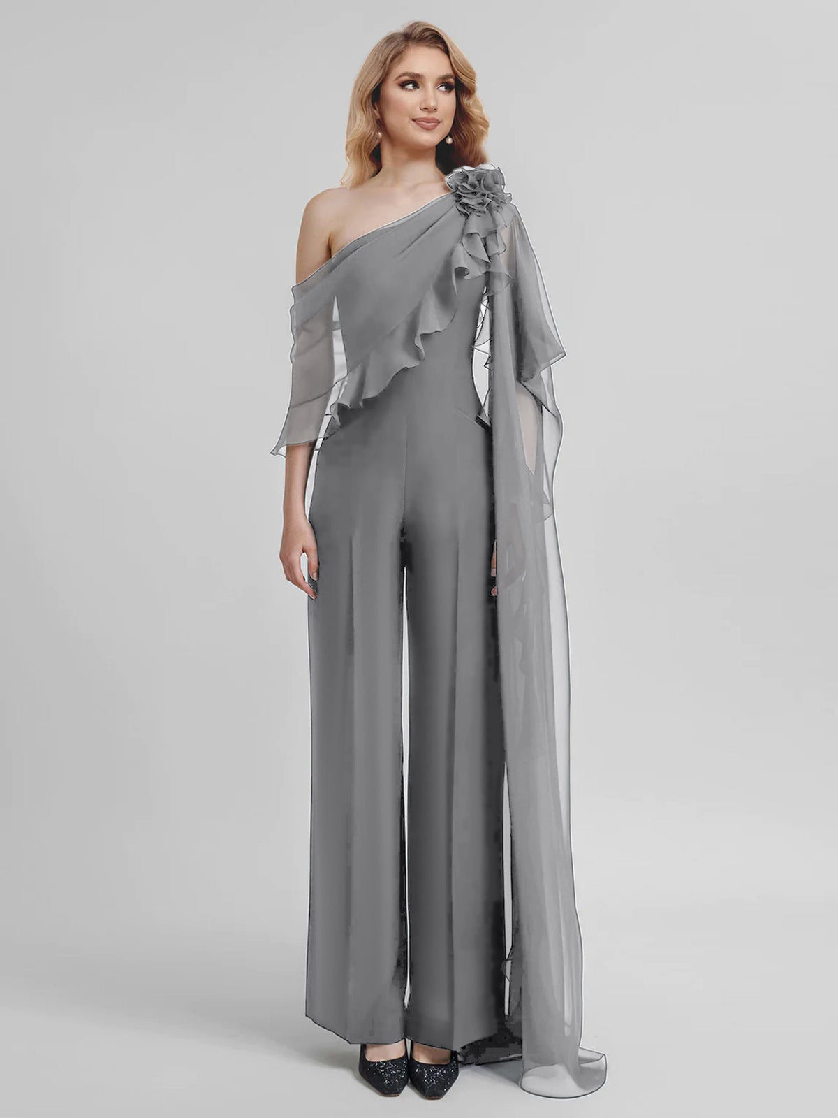 Chiffon One Shoulder Jumpsuits with Half Sleeves for the Mother of the Bride