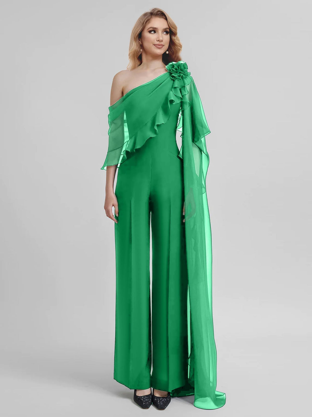 Chiffon One Shoulder Jumpsuits with Half Sleeves for the Mother of the Bride