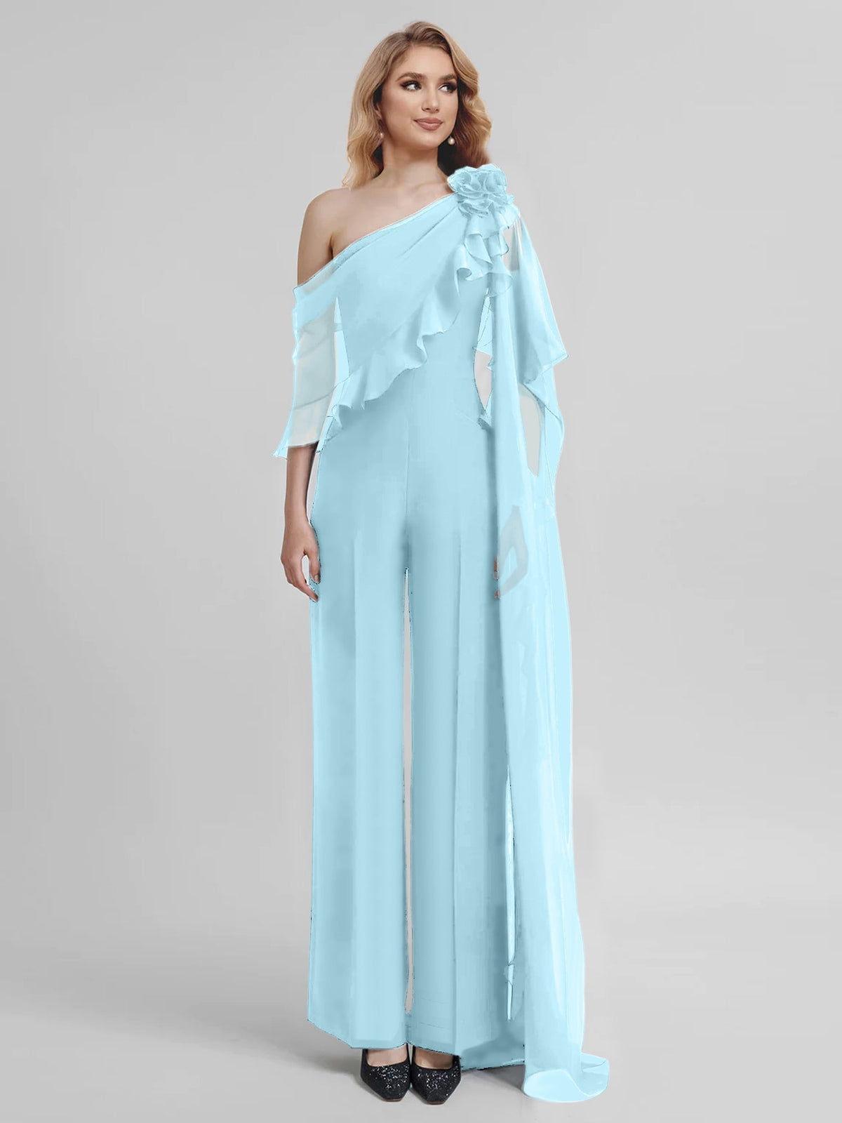 Chiffon One Shoulder Jumpsuits with Half Sleeves for the Mother of the Bride