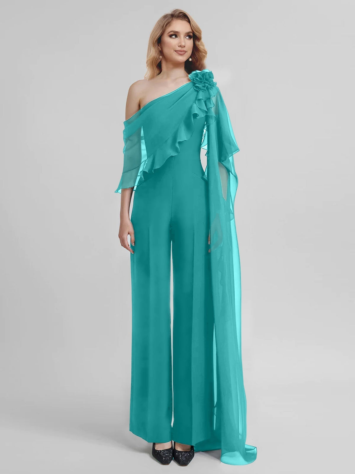 Chiffon One Shoulder Jumpsuits with Half Sleeves for the Mother of the Bride