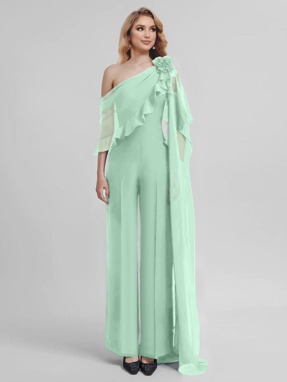 Chiffon One Shoulder Jumpsuits with Half Sleeves for the Mother of the Bride