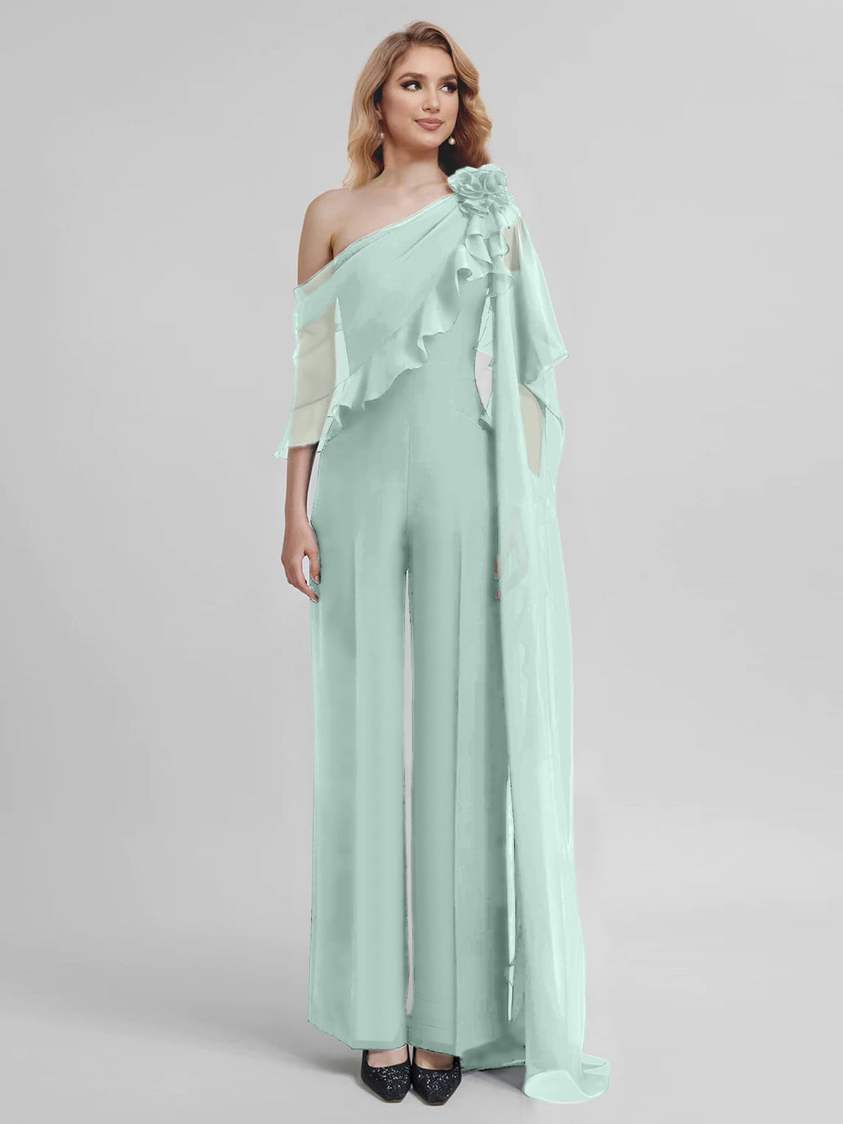 Chiffon One Shoulder Jumpsuits with Half Sleeves for the Mother of the Bride