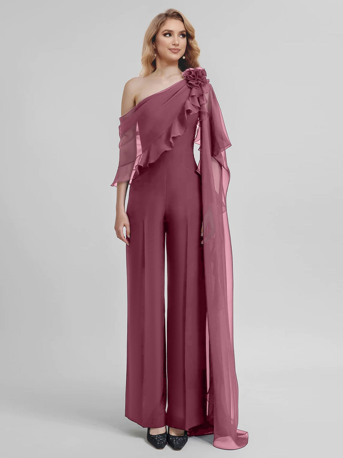 Chiffon One Shoulder Jumpsuits with Half Sleeves for the Mother of the Bride